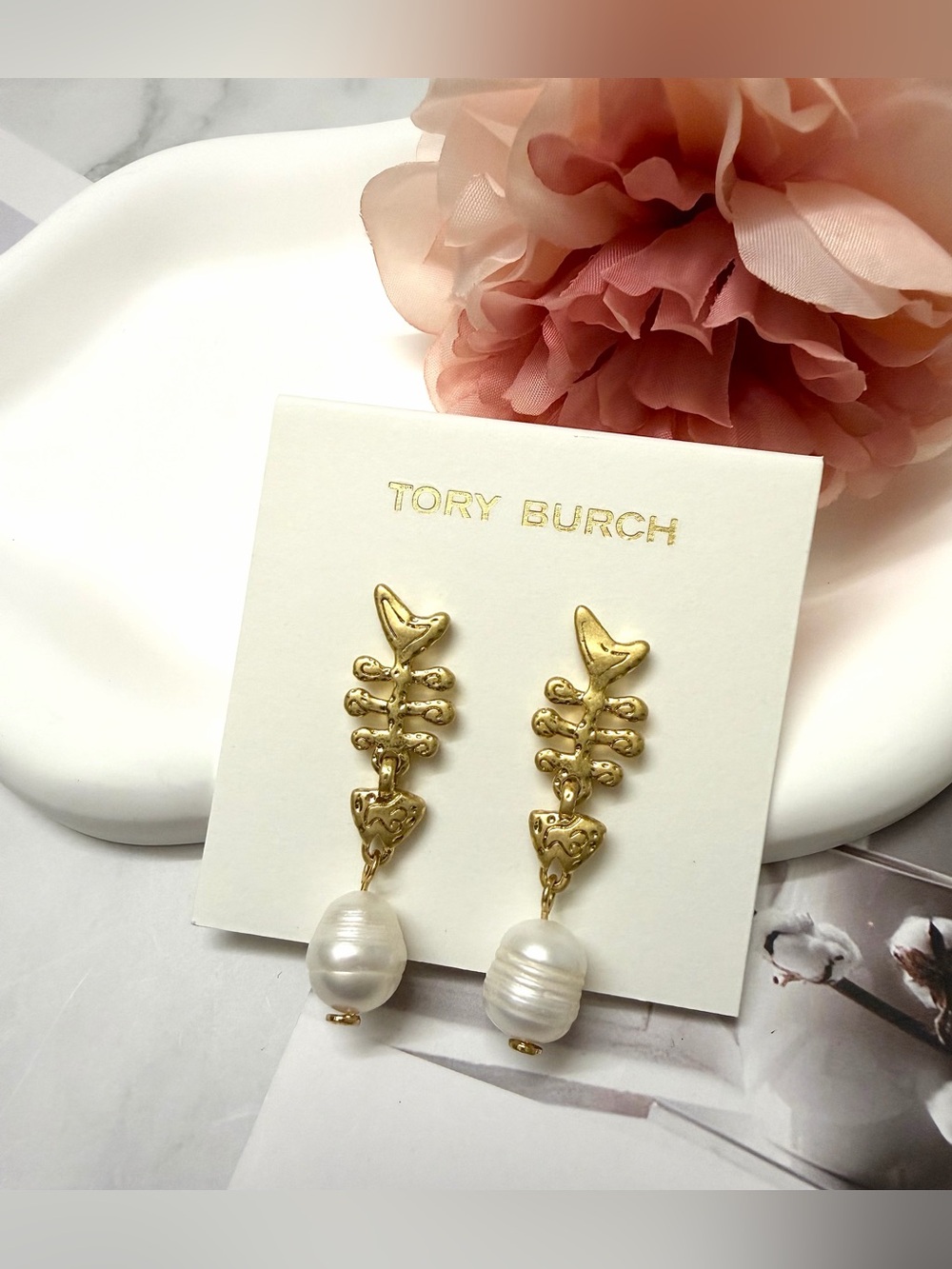 Tory Burch Gold-tone Drop Earrings with White Pearls
